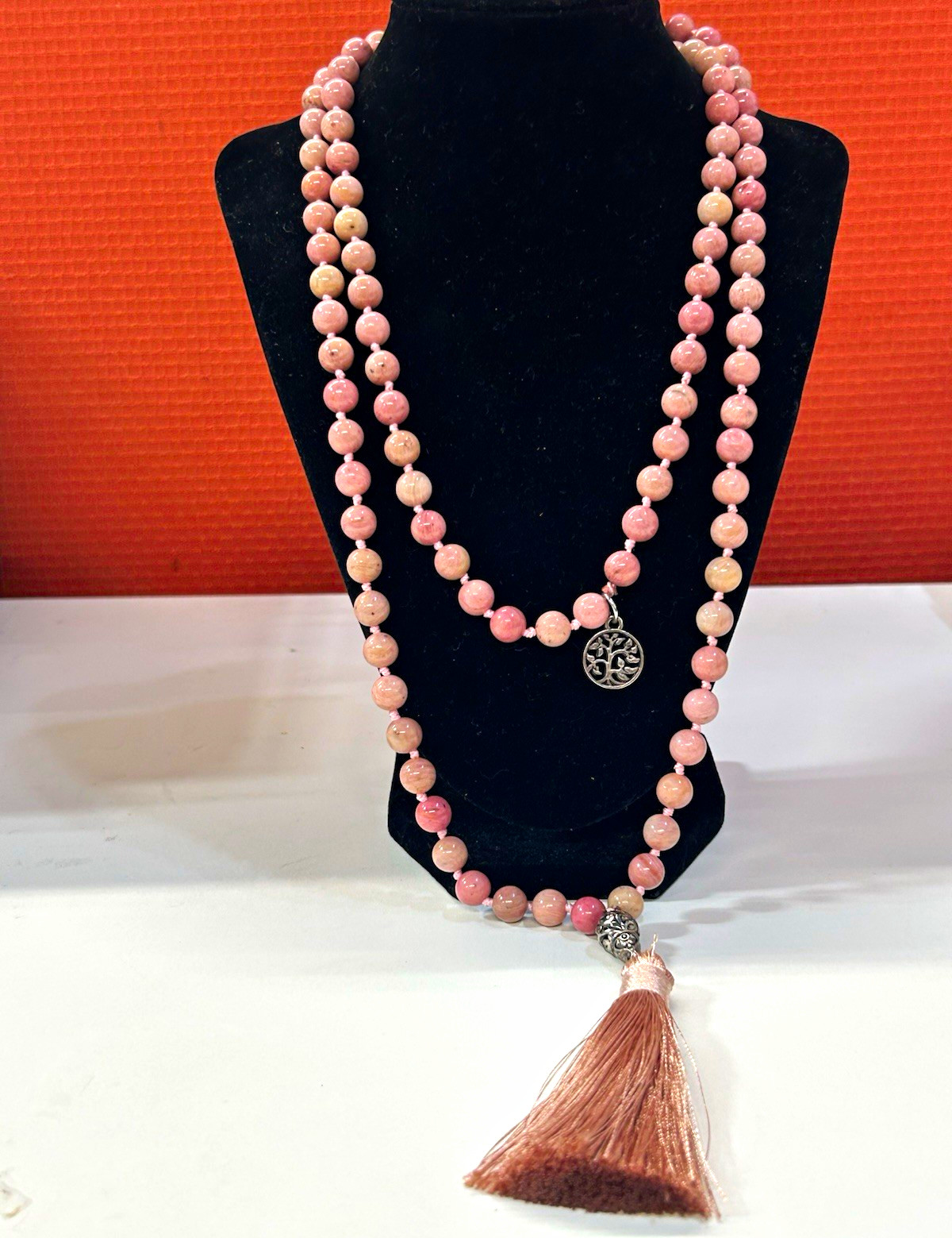 Beautiful rhodochrosite prayer necklace