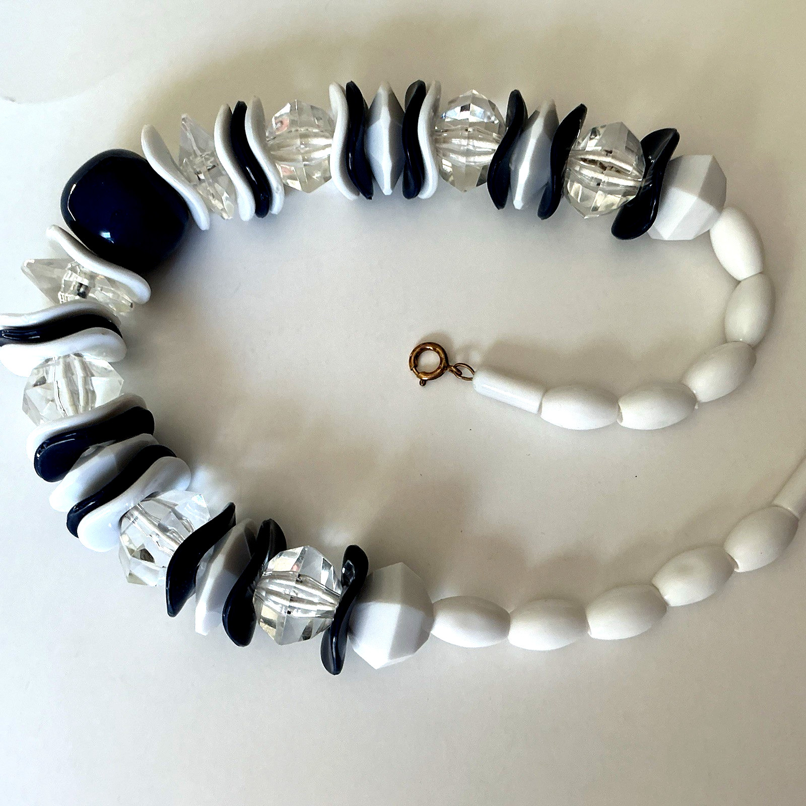 VTG Rare Necklace Statement Chunky White Blue Clear Lucid Bead 19″ Czech Rep New