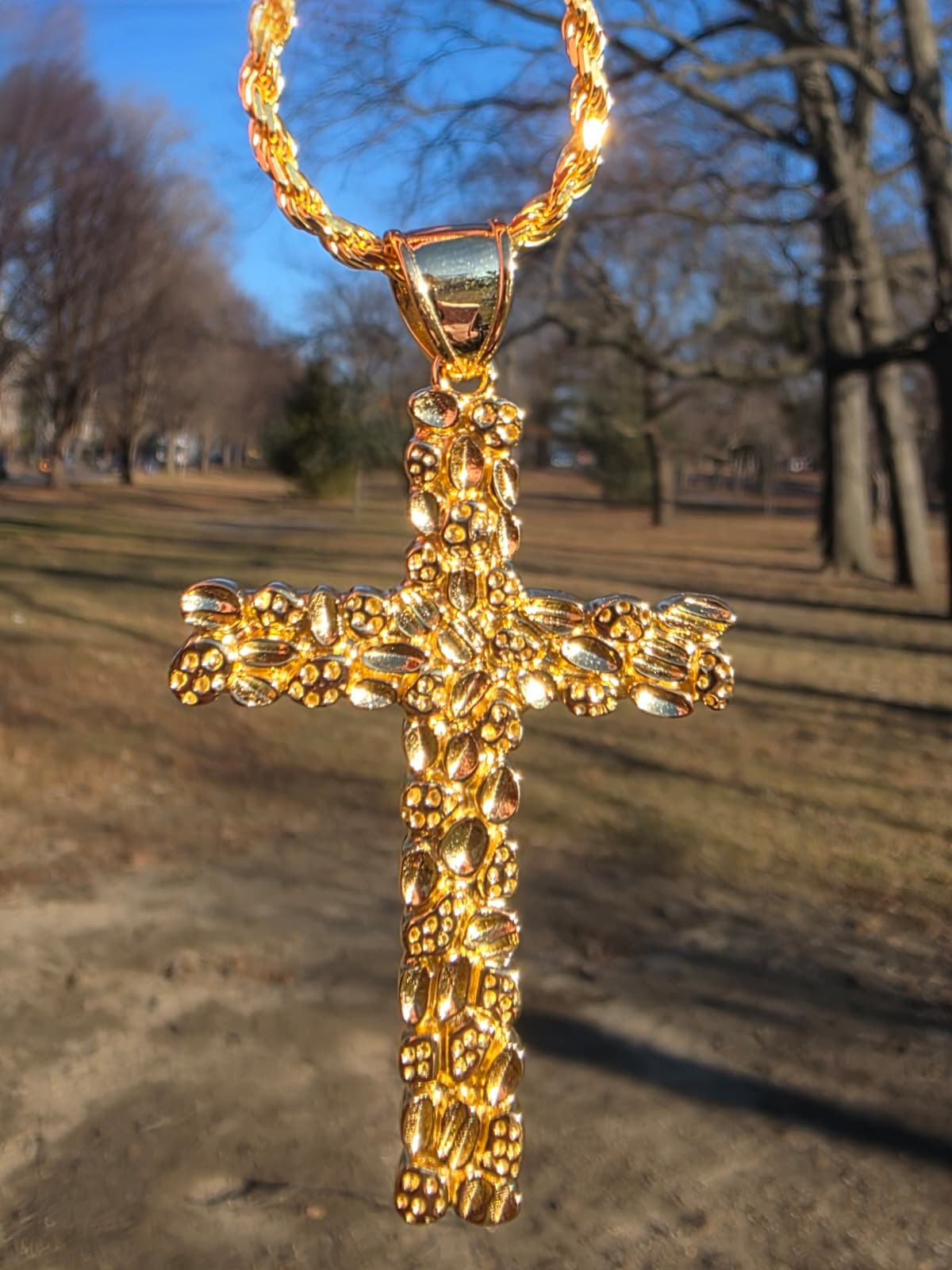 Men’s Large Gold Nugget Cross Solid 925 Silver 14K Gold Plated Necklace