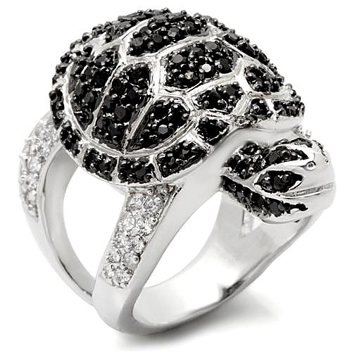 Women’s Turtle Cocktail Ring, Jet CZ, Rhodium & Ruthenium Plated, Brass