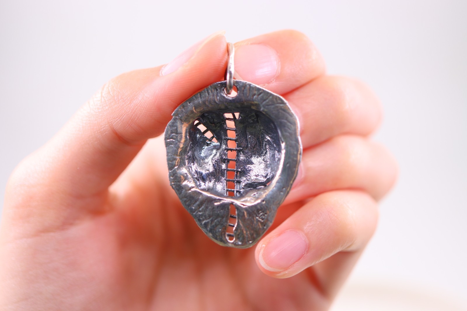 Sterling Silver 925 Unisex Split Half Skull Half Face Stitched Pendant