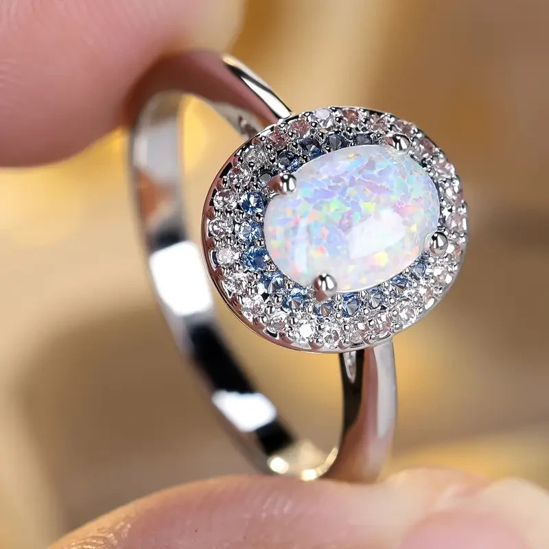 Elegant 925 Sterling Silver Fire Rainbow Opal Blue Topaz Engagement Ring Size 7