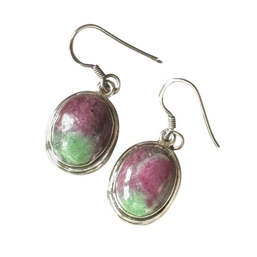 Sterling Silver Oval Ruby Zoisite Gemstone Dangle Earrings Pink & Green