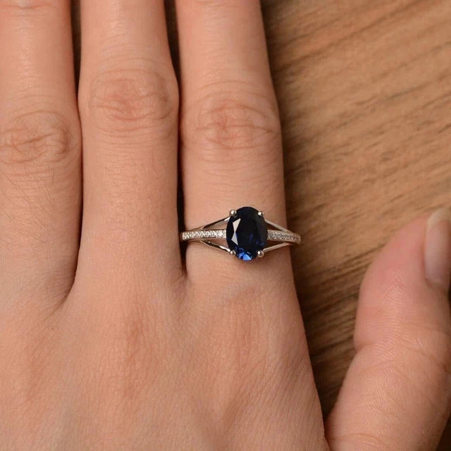 2.20 Ct Oval Cut Natural Blue Sapphire & Diamond Wedding Ring 14K White Gold