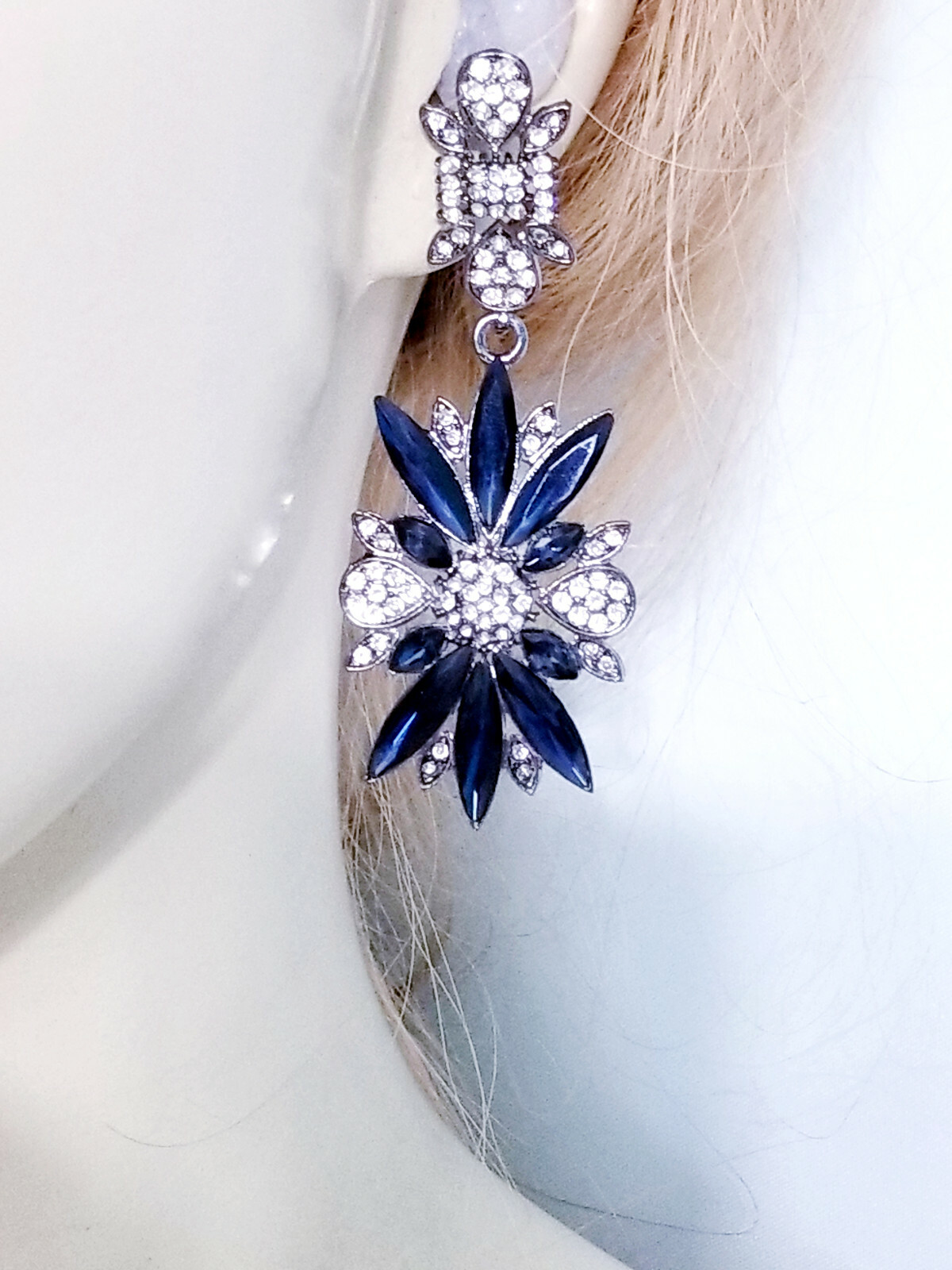 Rhinestone Chandelier Drop Earrings Steampunk Prom Pageant Jewelry 2.8 in Blue