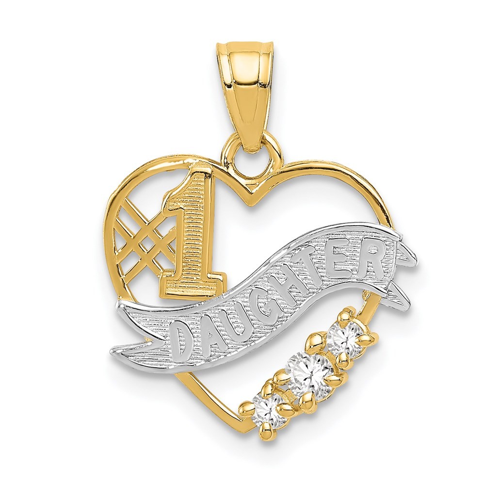 14k Yellow Gold and White Rhodium CZ #1 DAUGHTER Heart Pendant