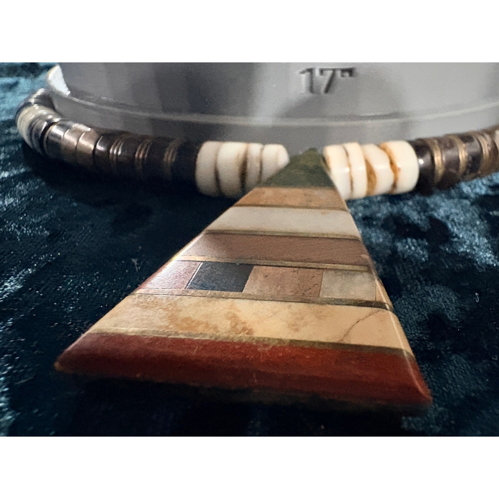 Boho Inlaid Stone Triangle Pendant Necklace Natural Wood Bone Beads
