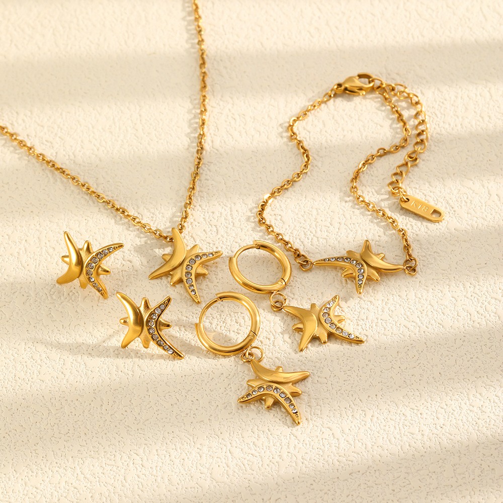18K Gold Plated Stainless Steel Eight Pointed Star Cubic Zirconia Jewelry Set