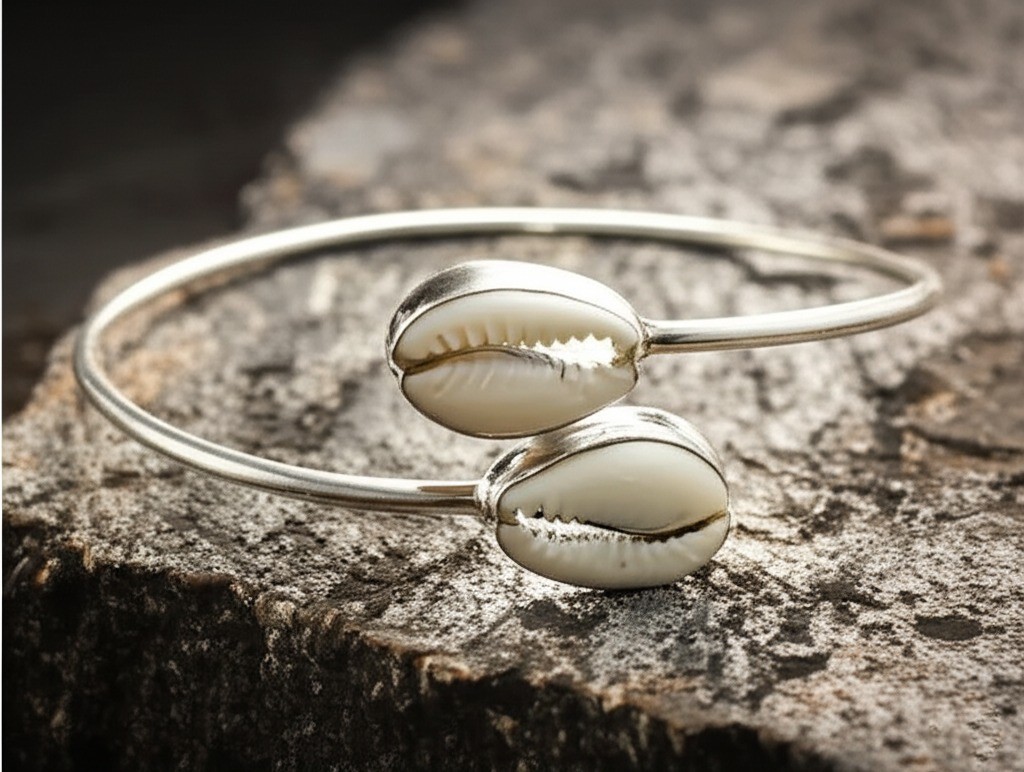 925 Sterling Silver Cowrie Shell Bracelet Double White Shell Cuff Bangle
