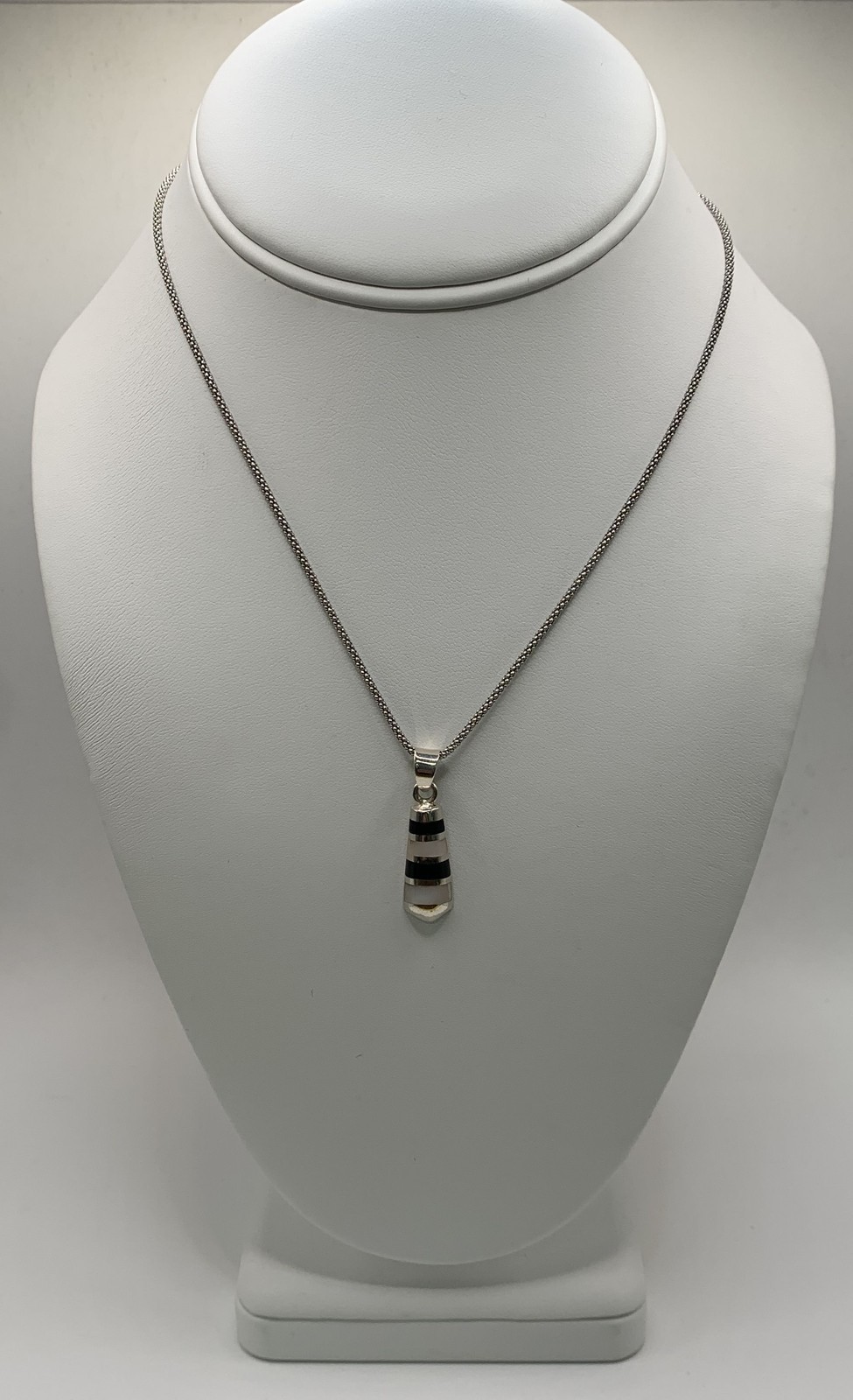 Sterling Silver 925 Italian Popcorn Chain Necklace Striped Inlay Pendant 18″