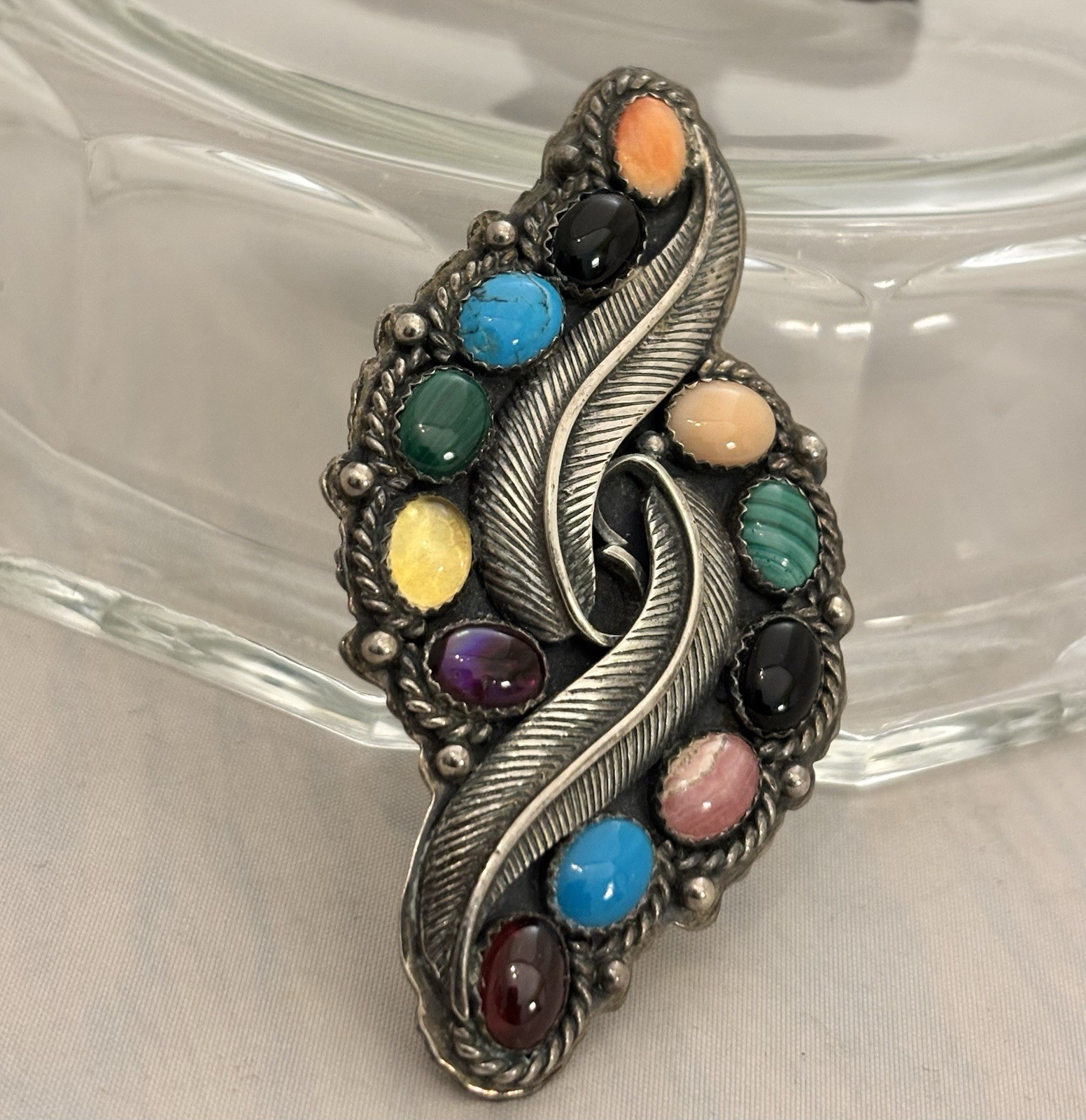 Vintage Navajo LY Sterling Feather/Multi Gemstone Cabochon Brooch/Pendant