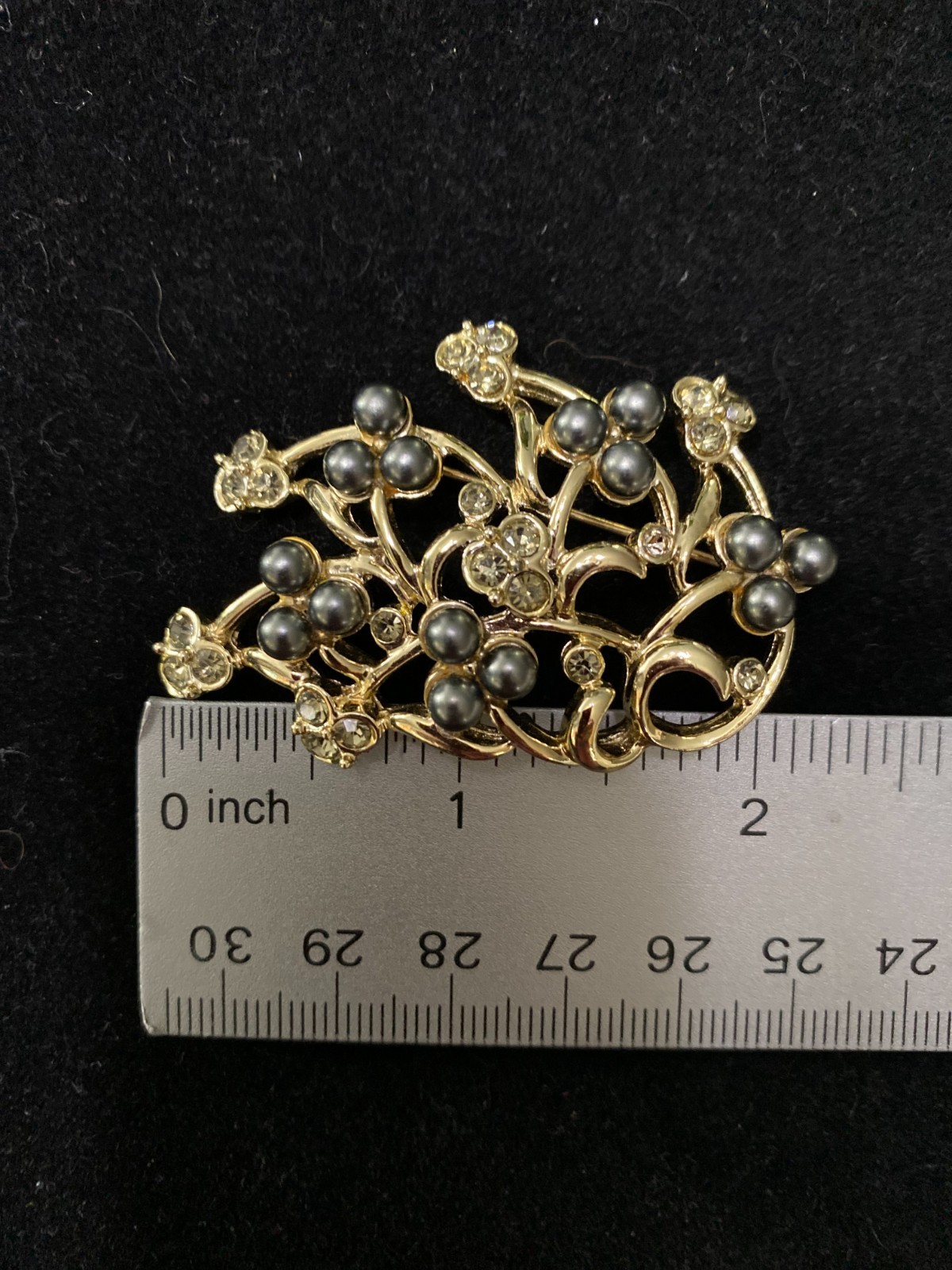 Vintage Marboux Marcel Boucher Smoky Rhinestones & Black Faux Pearls Brooch 752