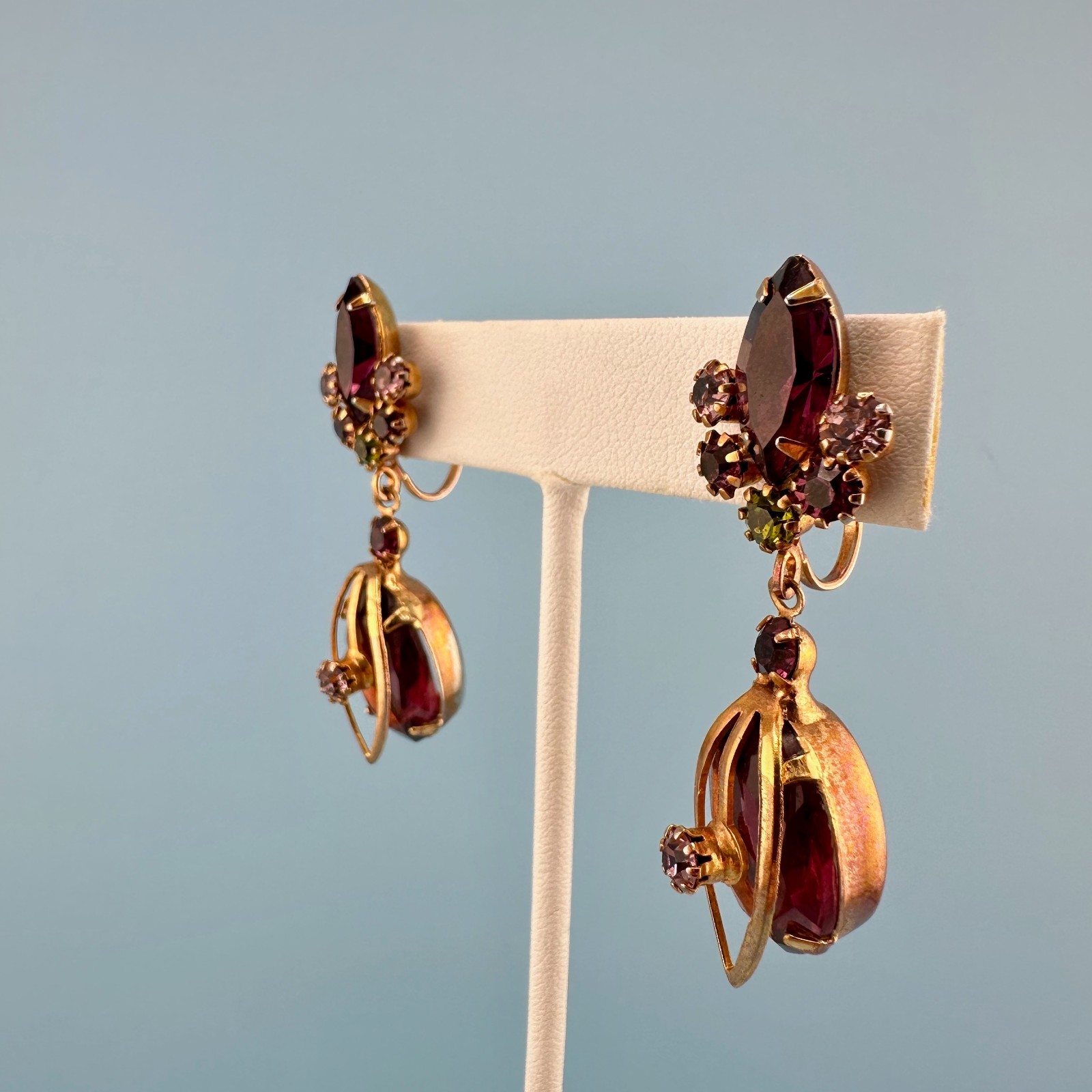 Vintage Purple Rhinestone Dangle Earrings Rose Gold Tone Clip On Prong Set