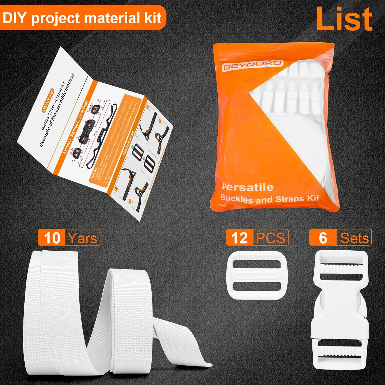 BEYOURD Buckle and Strap Set, 10 Yards Polyester Webbing Strap with 6 Dual Adjus