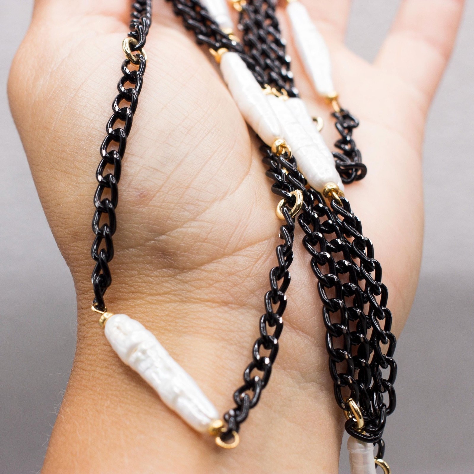 50 Inch White Biwa Pearl Black Chain Necklace Gold Plated Long Layering Jewelry