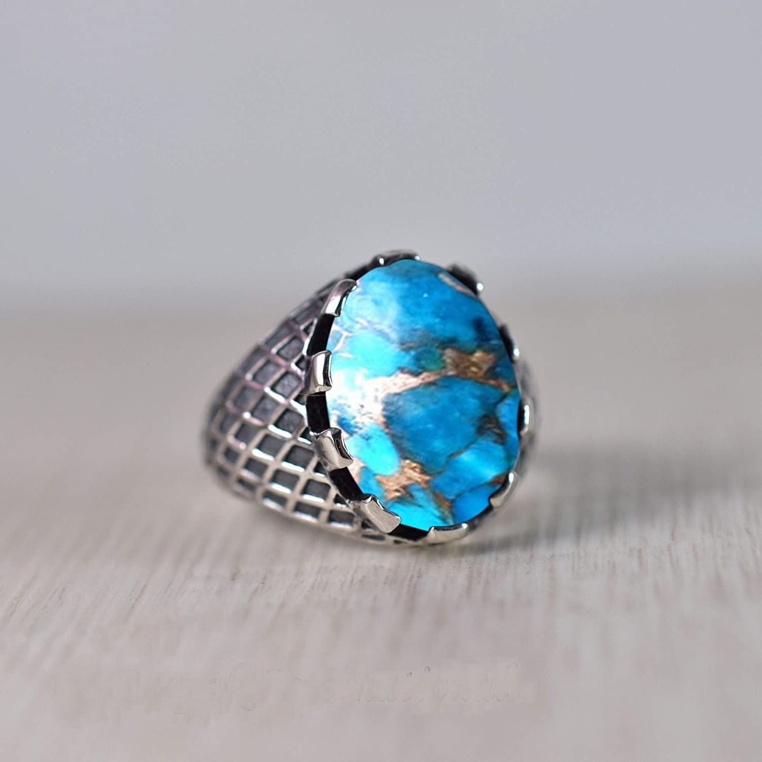 Solid 925 Sterling Silver AA Natural Copper Turquoise Gemstone Men’s Unisex Ring