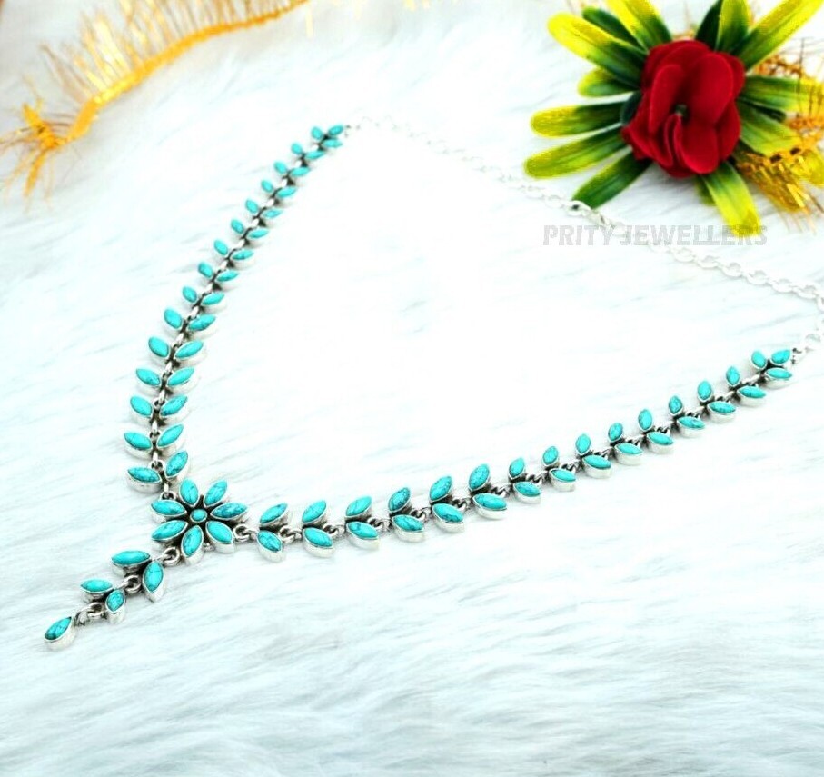 Natural Turquoise Necklace 925 Sterling Silver Handmade Gemstone Jewelry