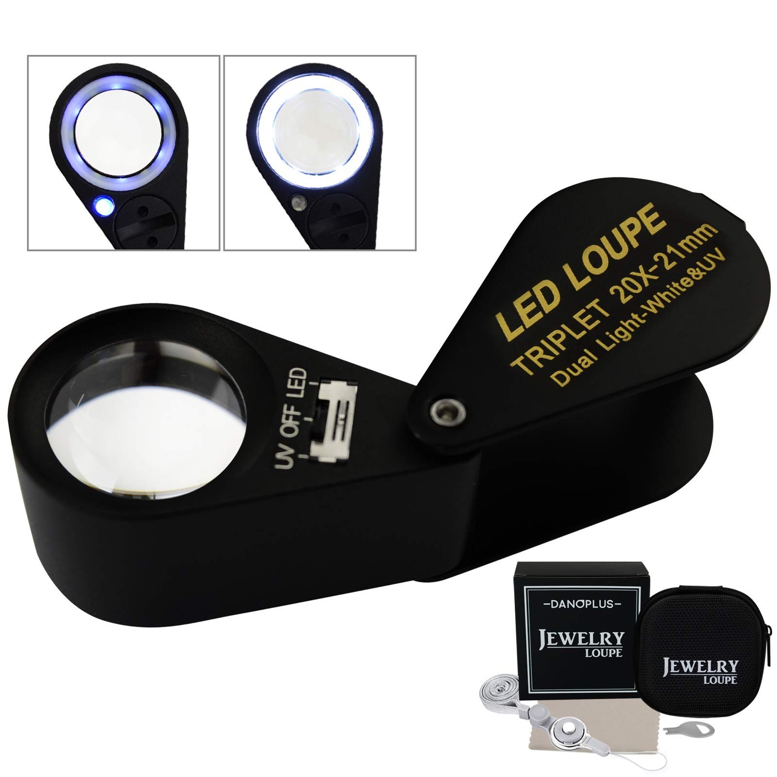 20x Magnifier Loupe with LED UV Light – 21mm Triplet Lens Optical Glass, Pocket