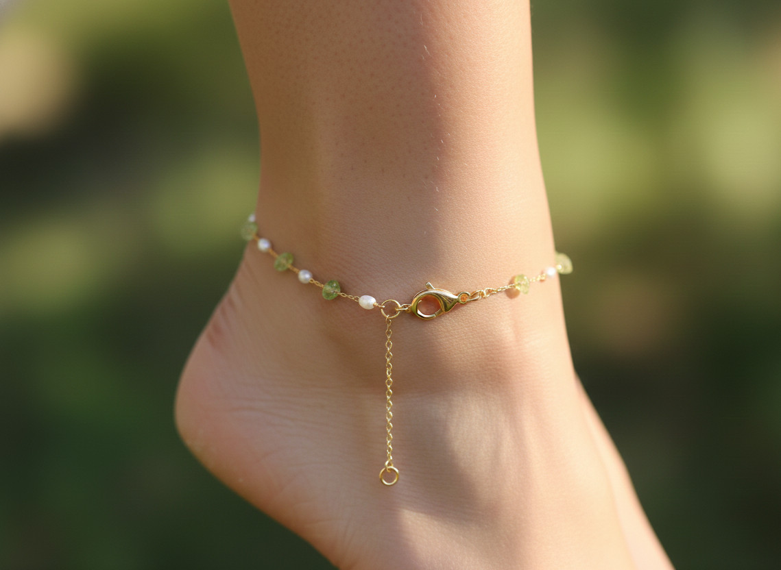 Boho Handmade Gold Color Plated Brass Anklet with Peridot and Pearl Stones