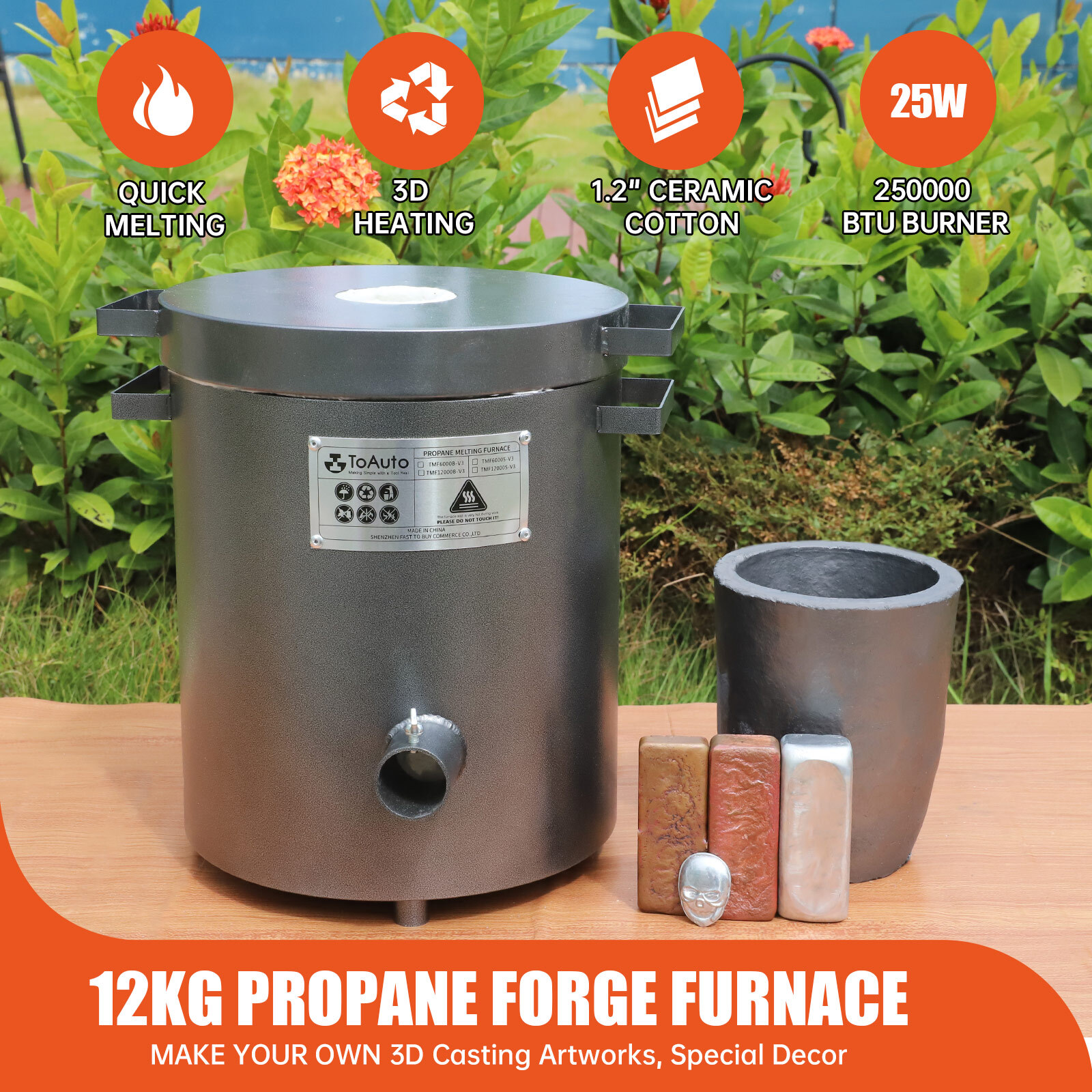 12KG Gas Metal Melting Furnace Propane Gold Silver Copper Smelter Casting Tool