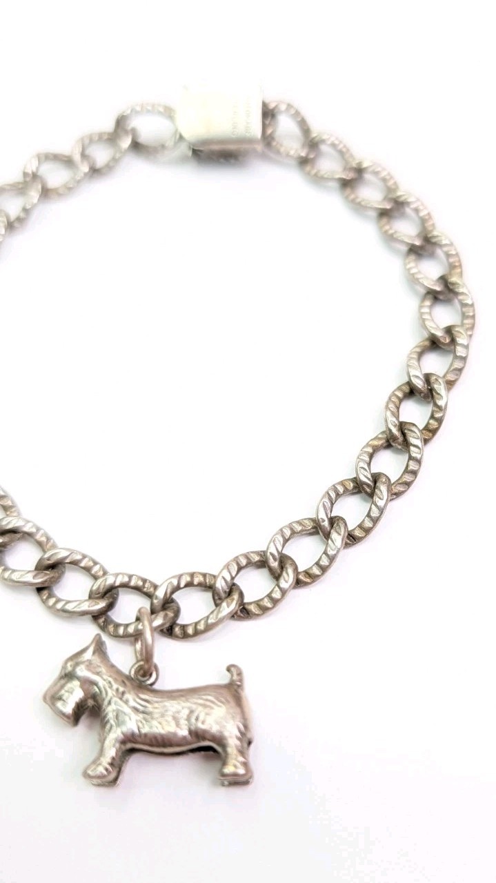 Automade Sterling Silver Charm Bracelet Push Lock Clasp 7-3/4 Inch Scottie Dog