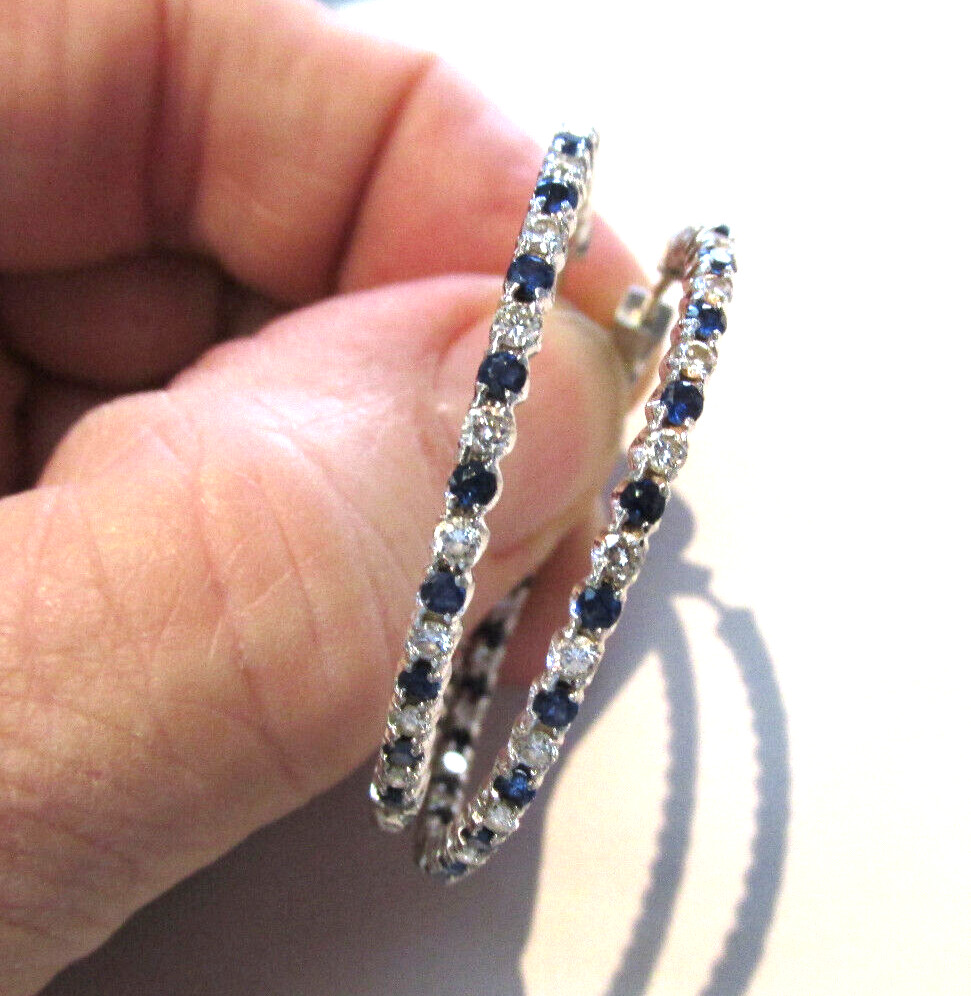 Stunning 2.76 ctw VS1-G Diamond/Blue Sapphire Hoop Earrings 1.5in. MAKE OFFER