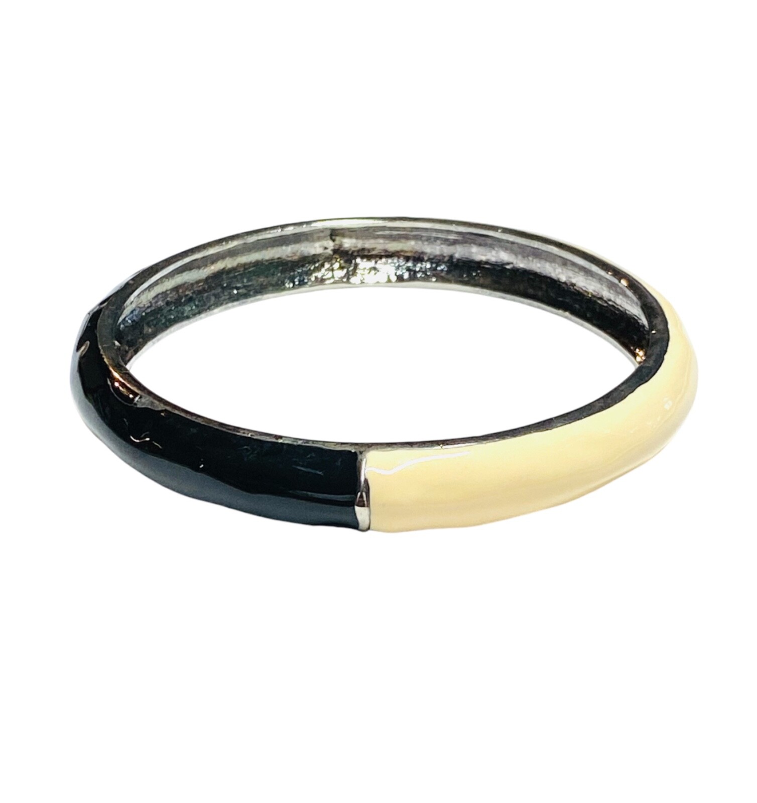 Vintage Black & Cream White Enamel Silver Tone Bangle Hinged Bracelet Clamper
