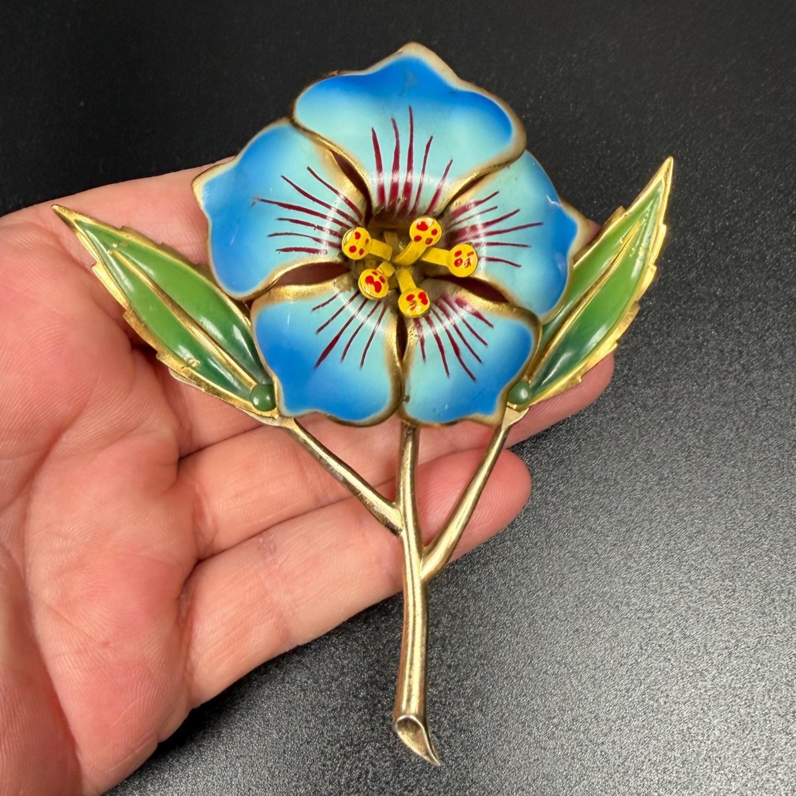 Vintage Blue Cold Painted Enamel Flower Brooch Gold Tone Statement Pin 3.75 In