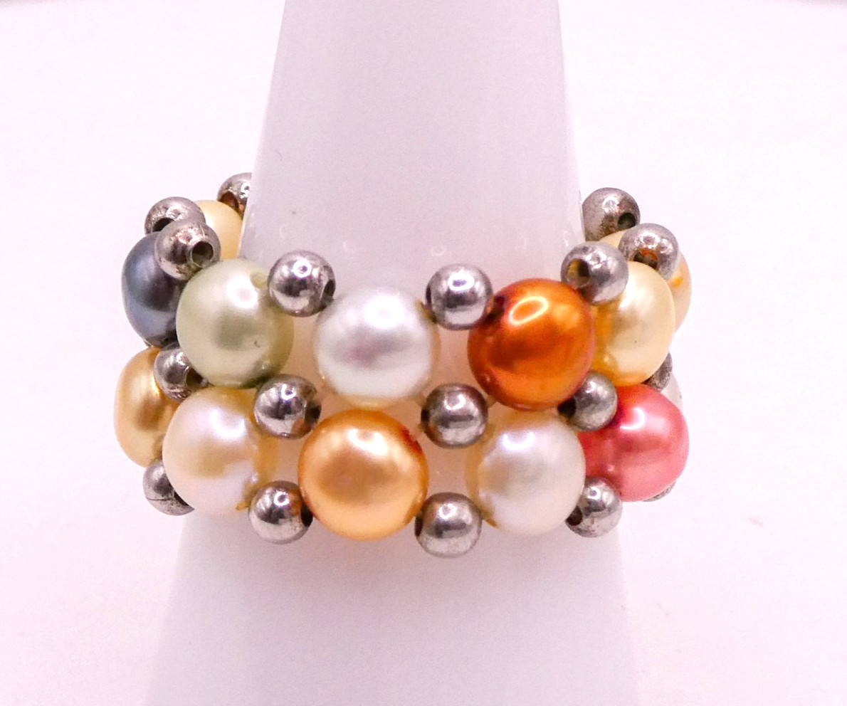 Sterling Silver 925 Beaded Pearl Ring Sz 9 Stretch Eternity Wide Band