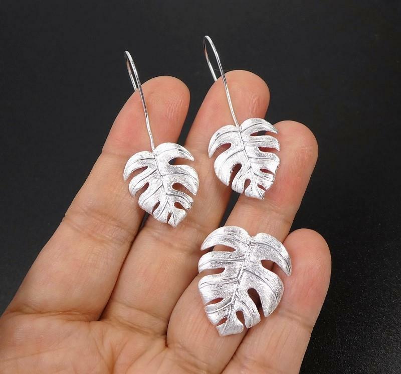 925 Sterling Silver Monstera Plant Leaf Long Drop Earrings Handmade Unique Chic