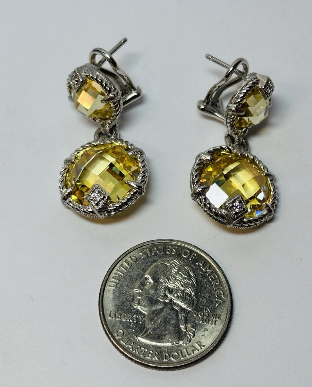 Judith Ripka Sterling 925 Silver Yellow CZ Dangle Earrings- .61