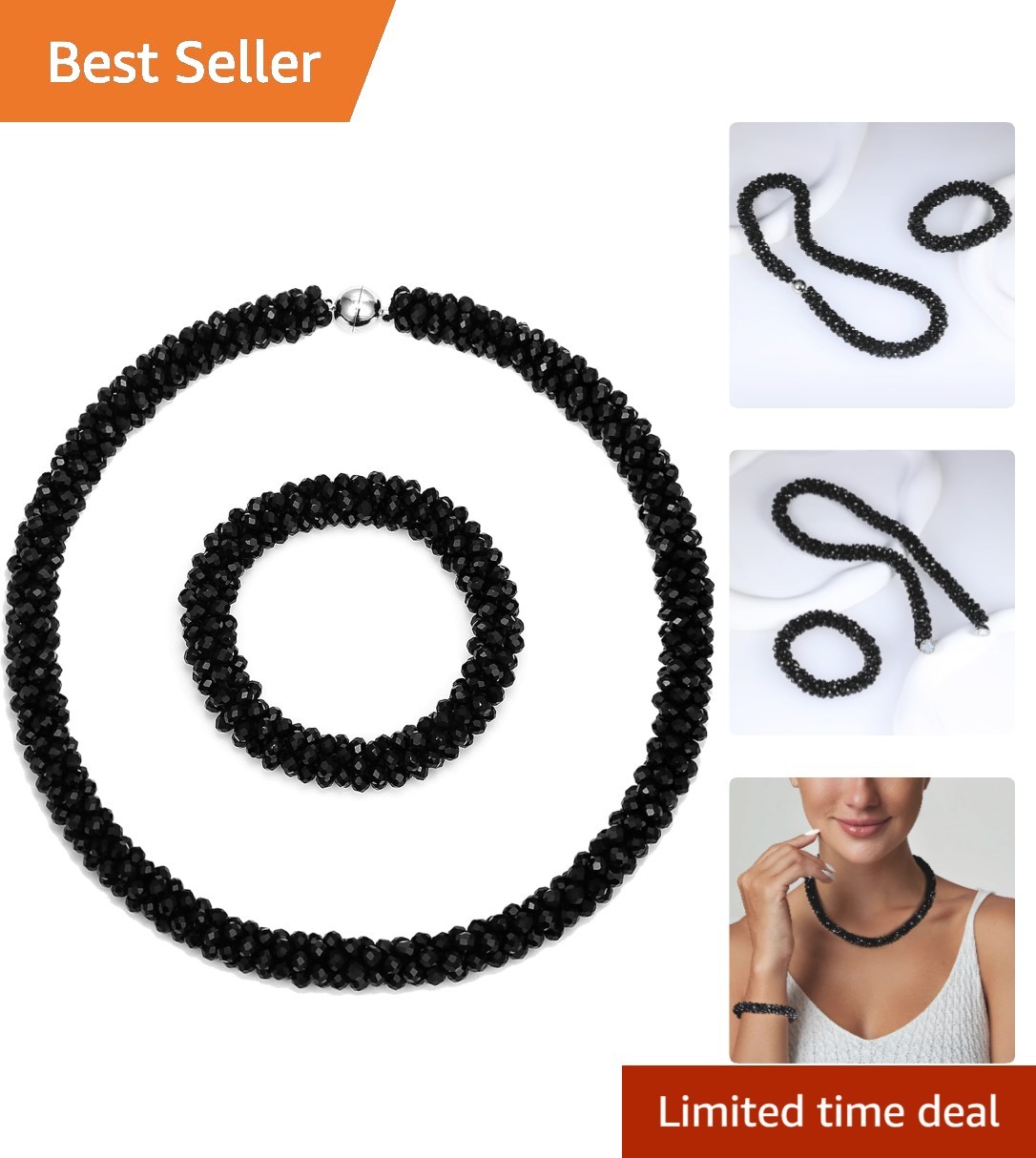 Beautiful Boho Jewelry Set – Handmade Black Crystal Necklace & Bracelet Ensemble