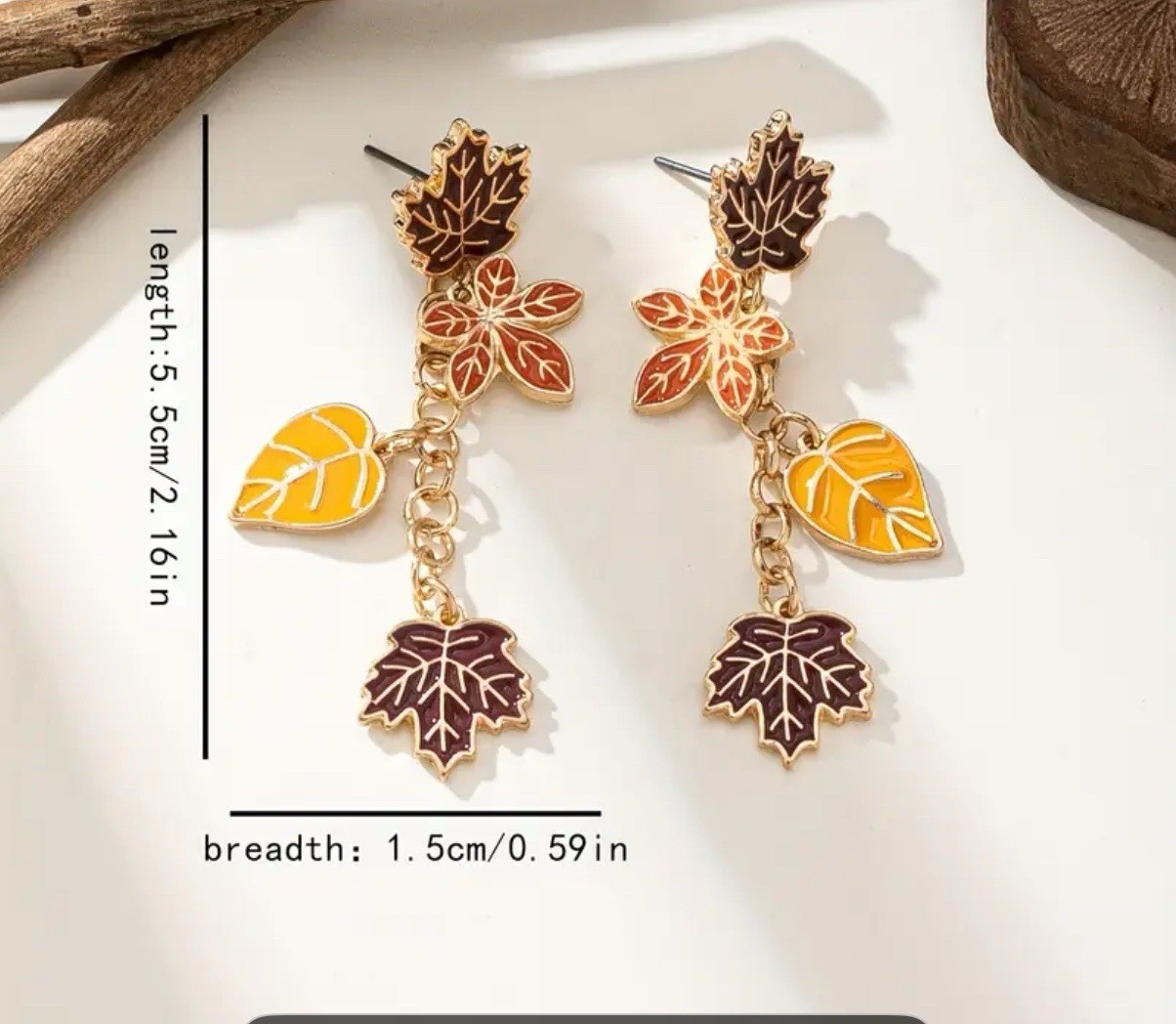 Autumn Fall Vintage Maple Leaf Golden Stud Drop Earrings Red Orange Brown Leaves