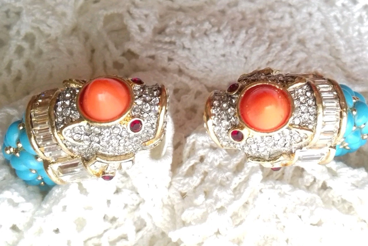 KENNETH LANE KJL KOI FISH GP CUFF/BRACELET TURQUOISE/CORAL CABS RED/ICE CRYSTALS