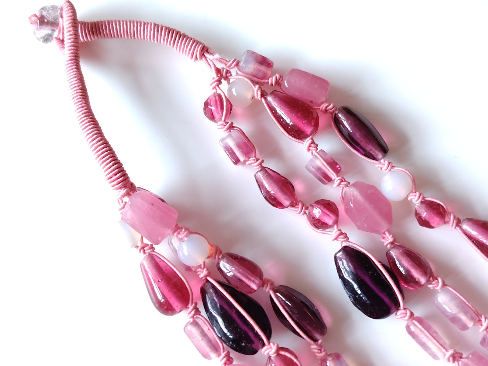 Pink Material Glass Bead Necklace Multi strand Mixed Shape Layering Toggle Clasp