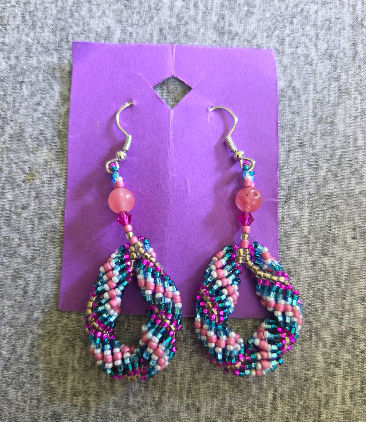 Prison Made Beaded Earrings DNA Strand Pink Teal White Purple