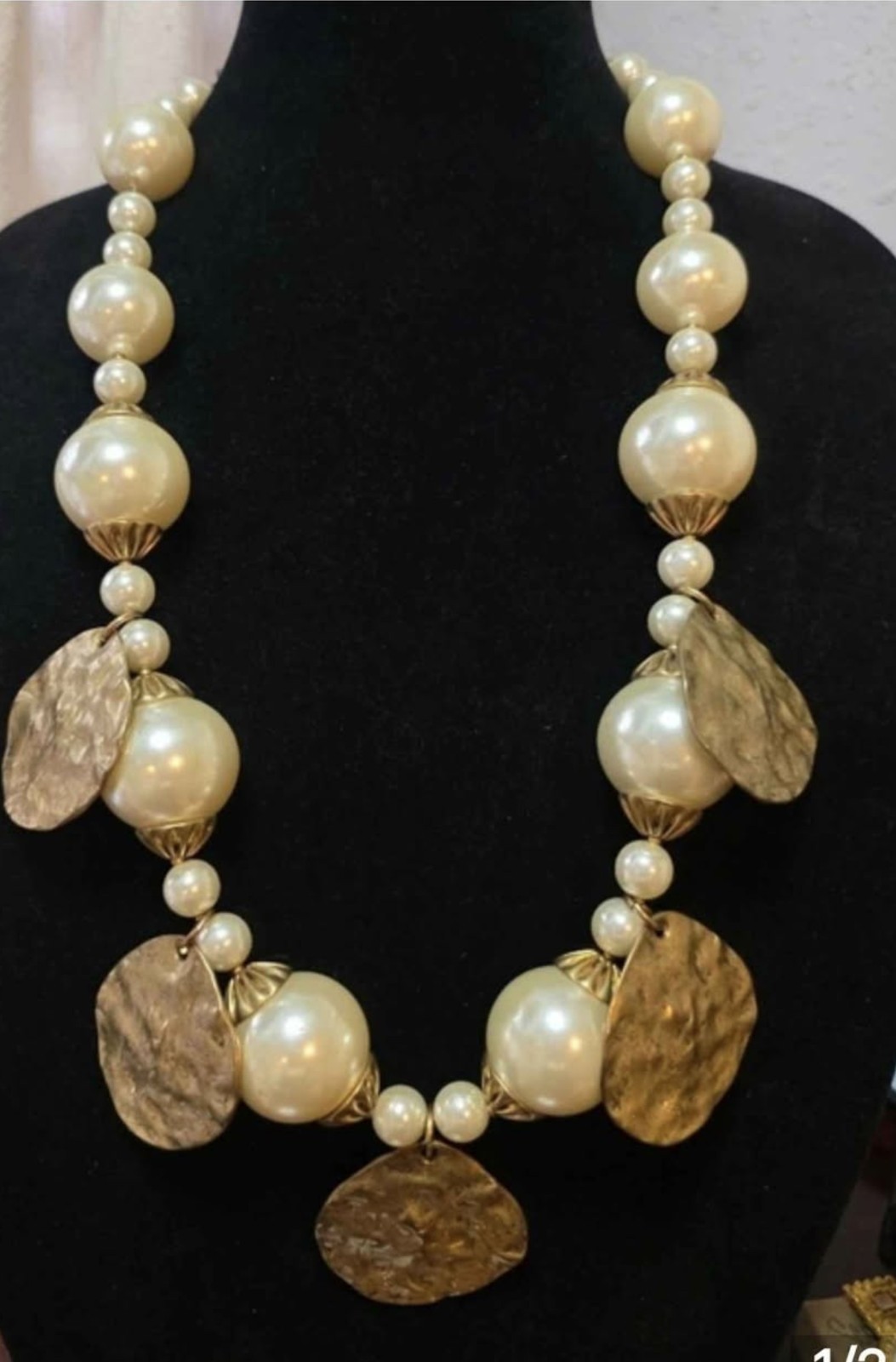 Chico’s Oversized Faux Pearl & Hammered Gold Charm Statement Necklace