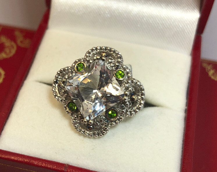 Sterling Silver White Topaz Chrome Diopside Multi Gemstone Modern Deco Ring 7