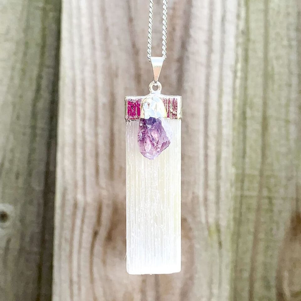 Selenite Amethyst Chakra Crystal Pendant CHARGED 925 Sterling Silver Necklace He