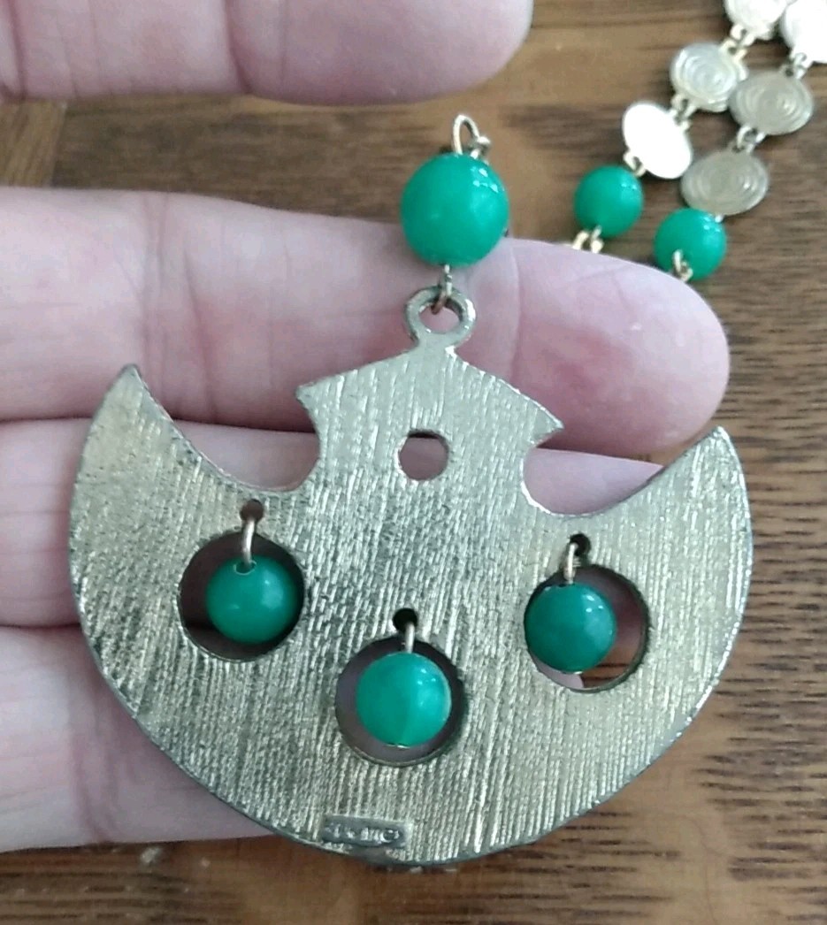 Vintage signed LJM Asian Theme Chain & Pendant With Green Glass Balls