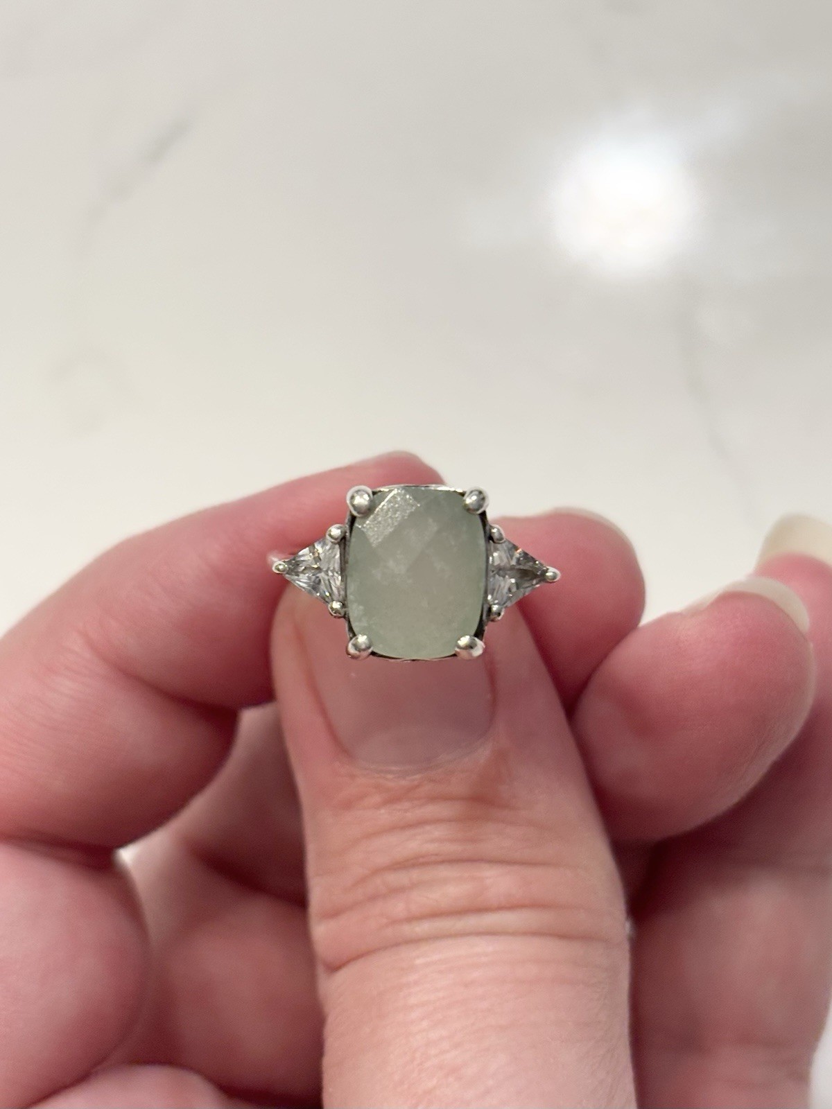 RJ Graziano Jadeite Cushion Cut & CZ Sterling Silver 925 Cocktail Ring Size 5