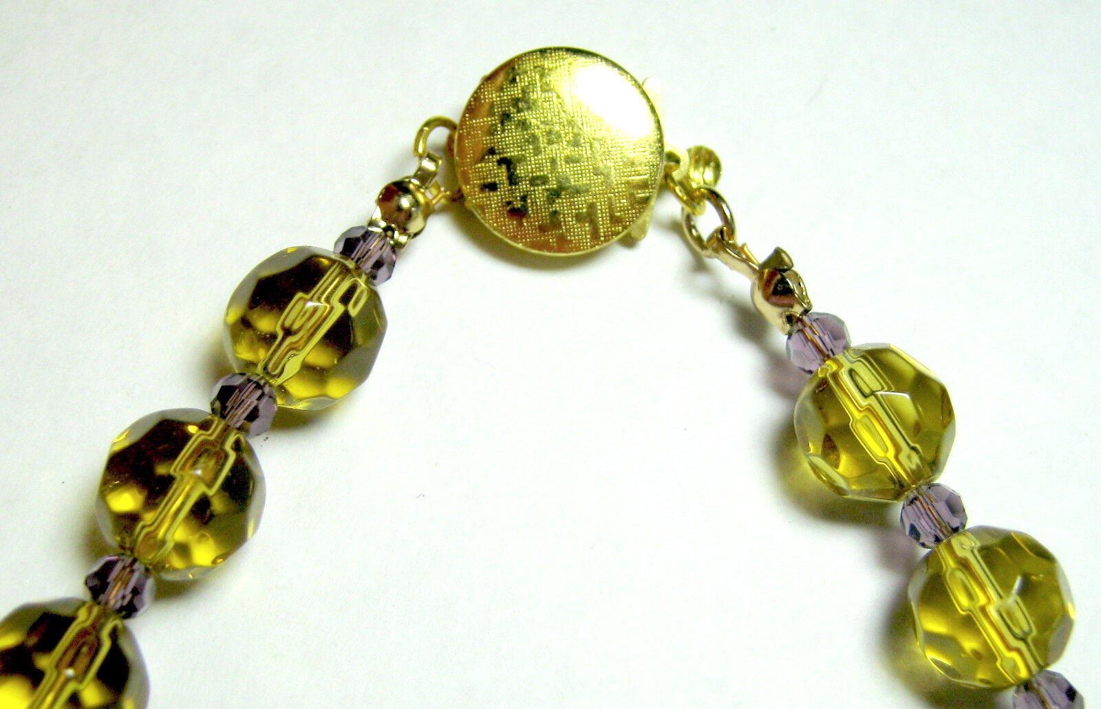 Interesting Beaded Necklace Czech? Red Purple Striped, Golden Topaz, Purple 19″