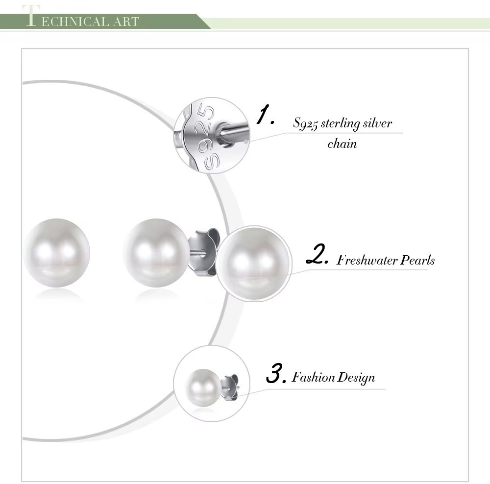 Round Shape Lab Created Shell Pearl Stud Earrings for Women in 925 Silver