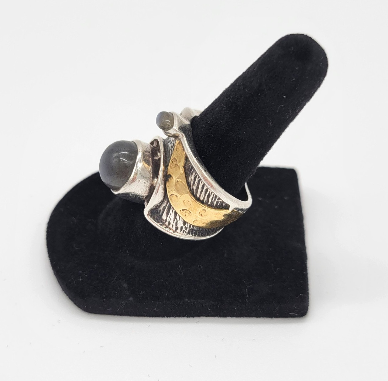 Sterling Silver 925 Moonstone Blue Tourmaline Gold Accent Artisan Ring Sz 7-7.5
