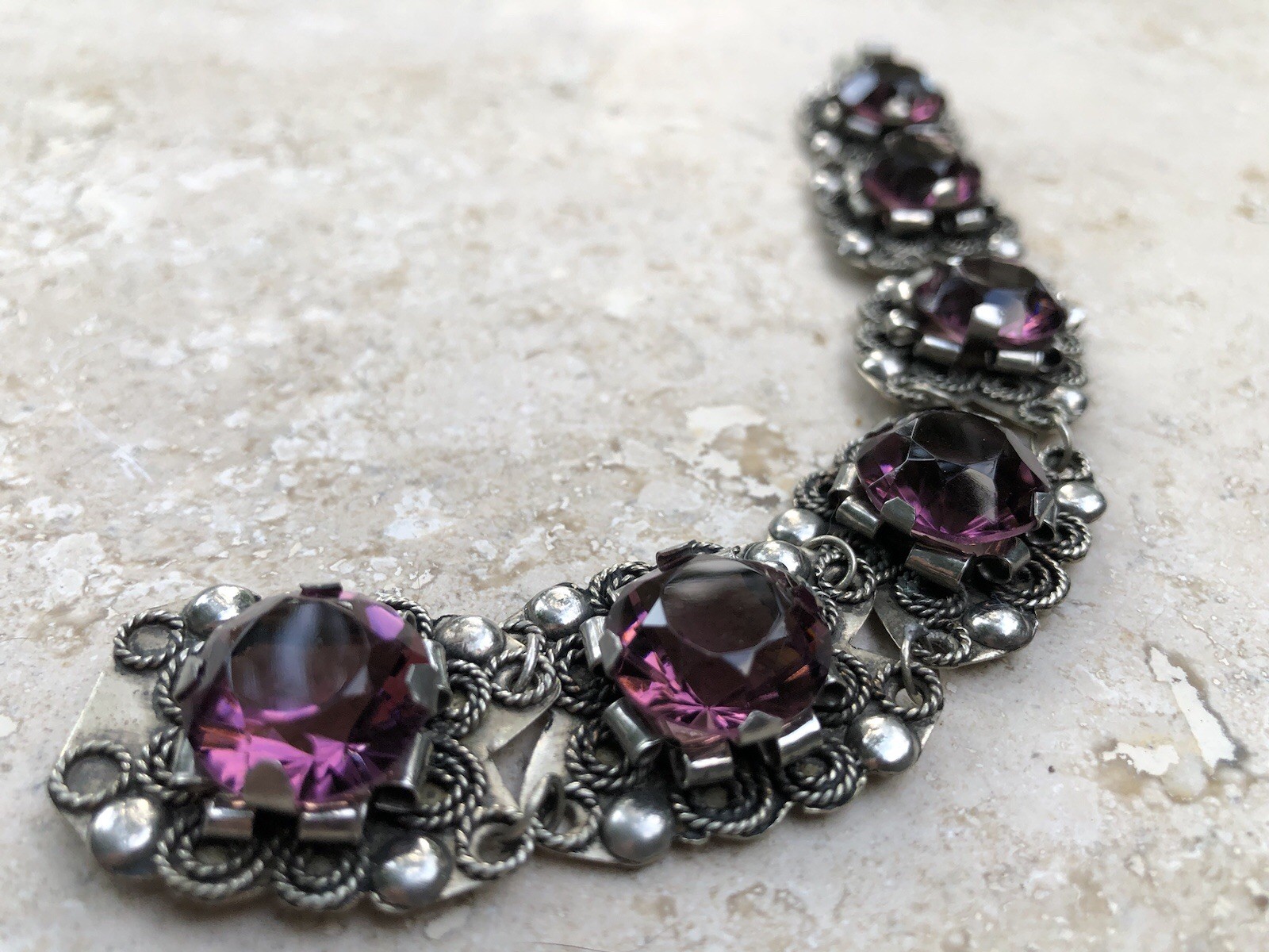 🌟🍇Vintage MEXICO STERLING SILVER Purple Color Stones STATEMENT PANEL Bracelet