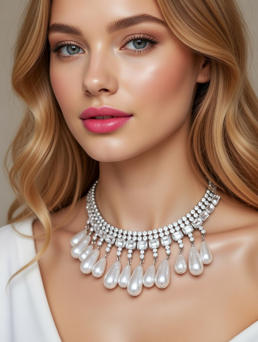 Clear Crystal Choker Rhinestone Created Pearls Necklace Bridal Prom Pageant