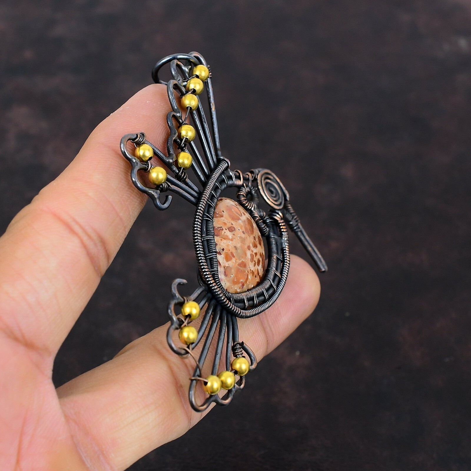 Gift For Women Jewelry Wire Wrapped Bird Pendant Copper Asteroid Jasper 3.82″