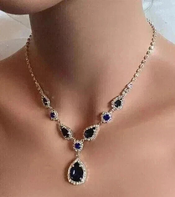 9Ct Pear Cut Lab Created Sapphire Women’s Tennis Necklace 14K White Gold Plated