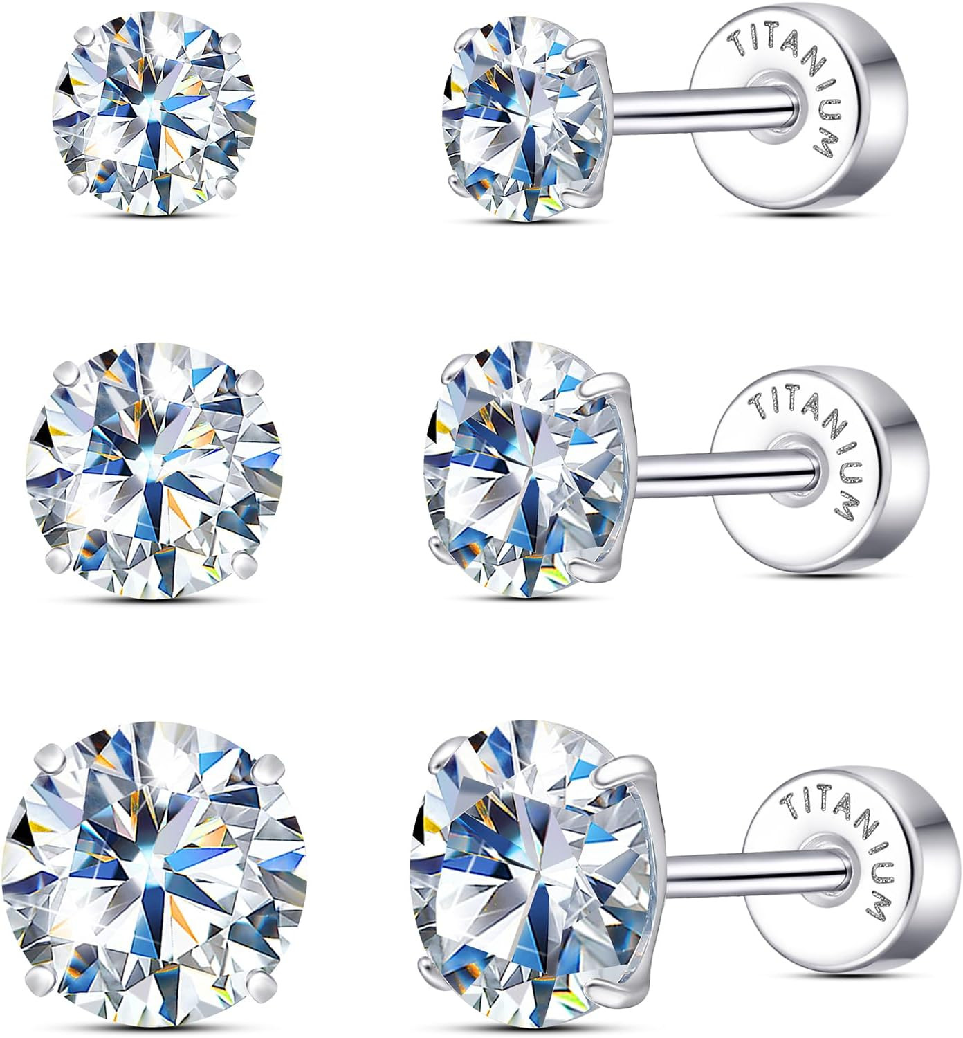 Moissanite Stud Earrings, 3 Pairs Titanium Screw Back Earring, D Color VVS1 Clar