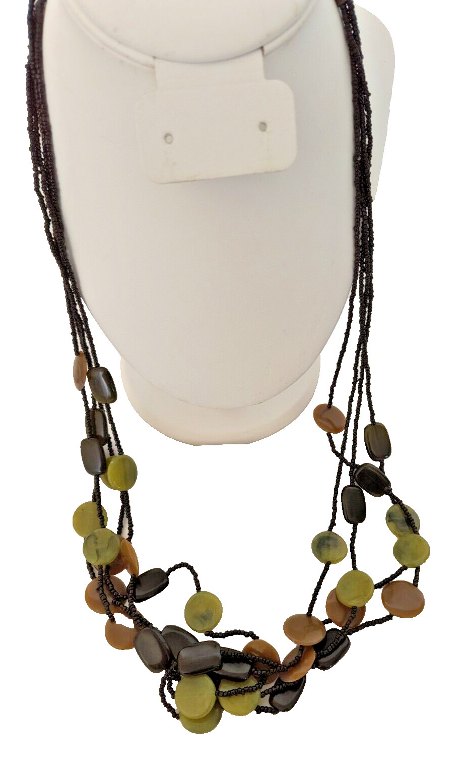 Women’s Necklace Beaded Multistrand Black Brown Green Black Discs Vintage